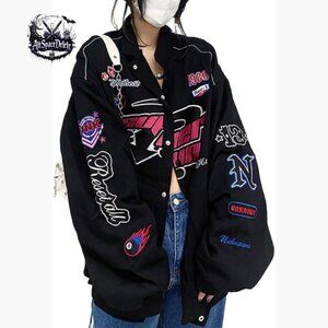 Vintage Varsity Bomber Jacket Button Down Long Sleeve Streetwear